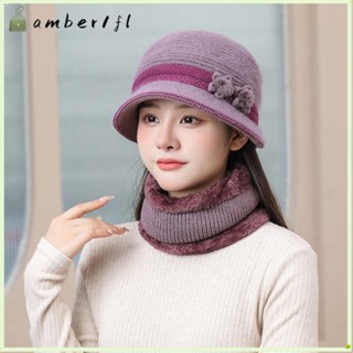 AMBER1冬季帽子圍巾,中老年人羊毛襯裡針織水桶帽,戶外暖暖的防風頸部溫暖對於女性