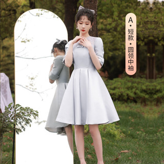 ♥【泡袖設計】伴娘服2023夏季新款婚禮短版小個子平時可穿小眾仙氣質禮服裙緞面❣✪4.25