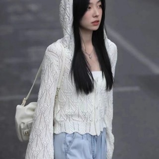 《現貨下單》【店鋪熱銷】韓系薄款針織外套女夏季設計感連帽防曬小外套小眾短版外搭罩衫上衣