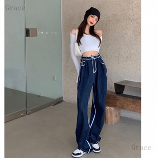 臺灣齣貨Grace 韓國ins設計感撞色油漆牛仔褲 垂感闊腿褲 拖地褲 落地褲 寬褲 女生褲子 牛仔長褲