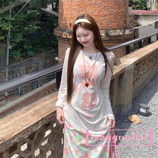 Maggnolia-女士 T 恤長袖圓領花卉印花寬鬆女士秋季長上衣街頭服飾
