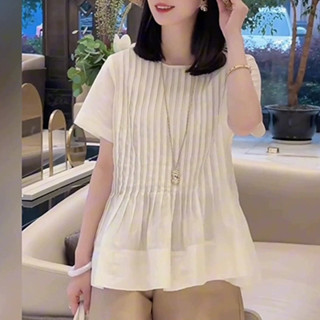 短袖T恤女夏季新款圓領壓褶荷葉邊薄款上衣法式氣質遮肚減齡小衫