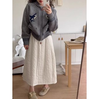 🥑氛圍感 杏色夾棉半身裙 女冬季2024年新款復古鬆緊高腰加厚a字長裙 棉裙 子 裙裝 A字裙 韓系半身裙 韓版裙子
