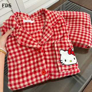 FDS 珊瑚絨睡衣女秋冬季漂亮紅色格子KT長袖長褲卡通法蘭絨家居服套裝