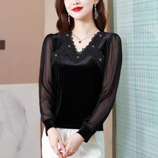！V領蕾絲燙磚打底衫女長袖2023秋季新款寬鬆洋氣金絲絨上衣