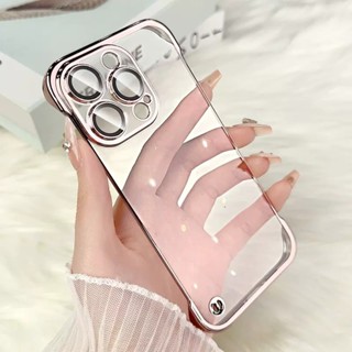 適用iPhone15promax電鍍無邊框手機殼蘋果14超薄透明保護套鏡頭膜