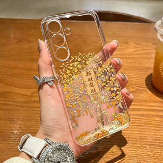 適用三星s23ultra手機殼金箔招財樹新款Galaxys24透明S22+全包S21防摔保護殼