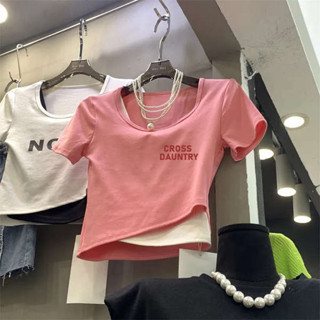 韓系上衣 女上衣 韓國上衣 冰絲莫代爾印花假兩件短袖T恤女潮夏季韓版新款圓領短版不規則衫
