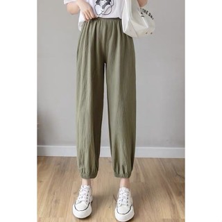 《現貨下單》棉麻夏季新款女鬆緊腰寬鬆高腰亞麻九分燈籠褲束腳休閒薄款蘿蔔褲