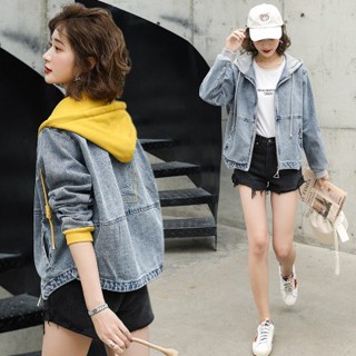 臺灣發貨-連帽牛仔外套S-3XL 女外套 短版外套 大尺碼外套 長袖 上衣 新款韓版休閑寬松bf百搭牛仔夾克衣服女生衣著