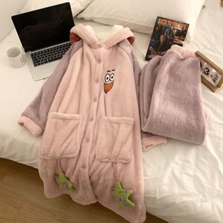 【睡衣專賣鋪】卡通連帽珊瑚絨睡衣女秋冬季睡袍套裝法蘭絨加厚加絨派大星家居服