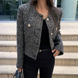 韓國東大門ins法式氣質高階感休閒顯瘦粗花呢小香風短外套女