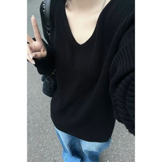 寬鬆V領黑色毛衣女慵懶風秋季高階感長袖套頭針織衫外穿上衣25.04.29