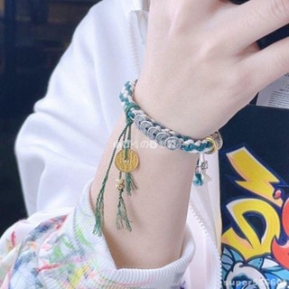 ✨Lucky girl 山鬼花手繩藏青色五帝錢幣手工編織手鍊 男女款民族風設計送禮物國風手環 山鬼花錢手鏈復古手繩