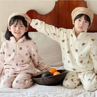 秋冬兒童 加絨套裝 法蘭絨 加厚睡衣 韓版男女 通用珊瑚絨 半拉鍊居家服