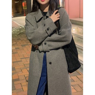 韓國chic法式複古氣質翻領單排扣寬鬆係帶長款毛呢外套大衣