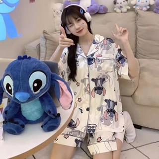 《現貨下單》日系睡衣女夏新款卡通韓版史迪仔印花薄款可外穿短袖家居服套裝潮短袖上衣女裝家居服棉質睡衣女生家居服居家睡衣睡衣