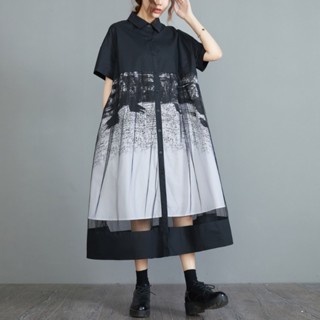 100-185斤可穿法式復古黑色網紗拚接寬鬆顯瘦排扣襯衫洋裝 長洋裝 大尺碼洋裝 氣質洋裝 短袖洋裝【tttttiii】