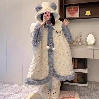 【新品】鞦鼕季三層夾棉襖睡衣女長袍款鬥篷披風珊瑚絨加厚保暖傢居服套裝