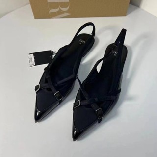 100%ZARA-女穆勒鞋黑色漆皮交叉皮帶平底瑪麗珍尖頭涼鞋