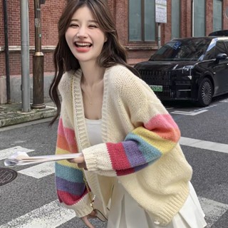 【NZN】 彩虹針織開衫女春季新款韓版長袖毛衣