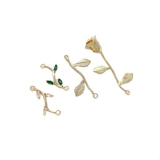 宏雲Hongyun-Ala新品-14k包金雙吊樹枝玫瑰花綠鋯樹葉diy手鍊雙掛耳環耳墜流蘇吊墜配件