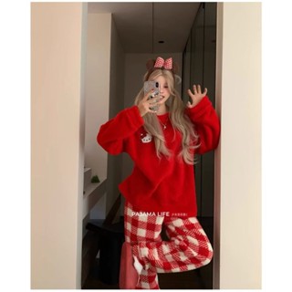 韓系 可愛 kitty貓 卡通 睡衣 珊瑚絨 保暖 毛絨 紅色格子 家居服 套裝