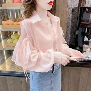 現貨速發#韓版上有 女生著裝洋氣露肩雪紡防曬衣女外穿上衣女夏裝短版內搭吊帶小背心兩件套裝長袖上衣