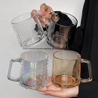 牛奶飲料杯辦公室喝水杯帶把手玻璃水杯[S427]大容量把手豎紋咖啡杯ins家用玻璃杯牛奶早餐透明水杯馬克杯子