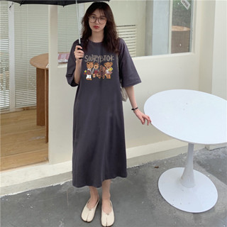 大尺碼睡裙女 韓版ins風睡衣 oversize 可愛卡通熊 短袖寬鬆可外穿長裙 女版居家睡衣裙