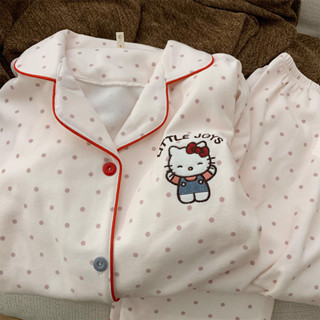 [現貨]保暖德絨睡衣女 冬季日系長袖居家服 可愛卡通波點KT睡衣兩件套裝 日常家居服可外穿