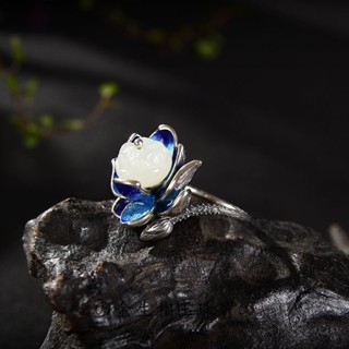 💝金生相玉珠寶💝批發（12.10）時尚氣質藍蓮花戒指925純銀開口荷花玉蓮蓬花朵大氣複古誇張