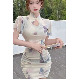 Women's cheongsam【店鋪熱銷】新款新中式復古國風短袖收腰印花收腰包臀旗袍裙洋裝/新4.28優惠