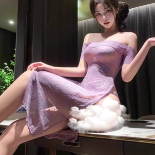 性感內衣睡衣透明蕾絲旗袍性感睡衣女情調內衣純欲紫色睡裙長款高階感 HDH8
