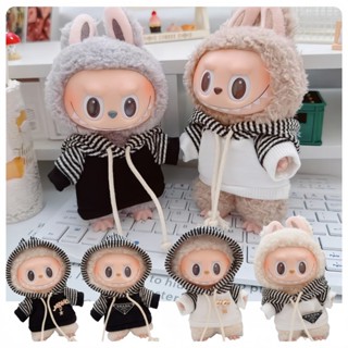 17cm labubu doll clothes17cm拉布布labubu娃衣dimoo搪膠娃衣休閒條紋黑白大學T套頭帽