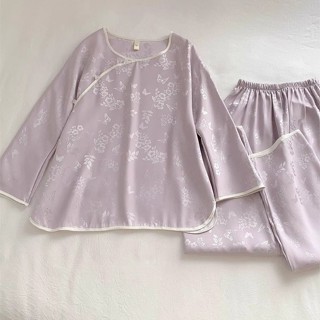 紫蝴蝶復古風中式緞面仿絲新中式漢服碎花紫蝴蝶復古風中國風緞面模擬絲新中式漢服碎花春家居服5.21