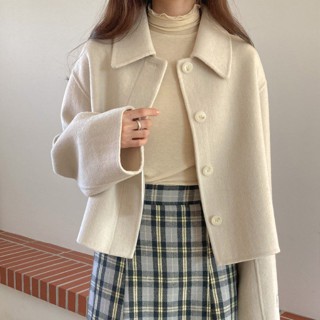 尺寸更新chic韓版冬季新款時尚翻領小眾設計感單排扣短款毛呢外套