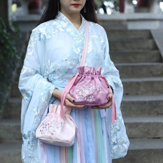 緞面刺繡漢服包復古抽繩包藝術女士單肩包