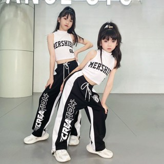 【短版露肚裝】女童夏季街舞套裝少兒爵士舞服裝六一表演服中大童短版露肚裝夏裝