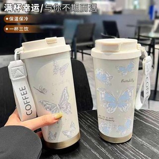 隨行杯 環保杯 蝴蝶保溫杯大容量男女學生運動車用吸管水杯便攜隨行咖啡雙飲杯子