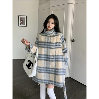 L-4XL 韓版溫柔風毛呢格子外套 加厚保暖大衣 韓版外套 大尺碼女裝 秋冬女裝 梨形身材 小眾設計感