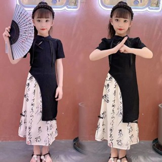 中國風童裝新年衣服 過年衣服中大童旗袍兒童漢服唐裝女童古風連衣裙女童旗袍連衣裙夏季洋氣改良新中式國潮套裙中大童公主裙子兩