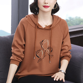 媽媽裝2024秋季新款長袖女衛衣連帽刺繡設計寬鬆顯瘦拚接上衣女