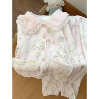 日系 氣質 甜美 HelloKitty 珊瑚絨睡衣 法蘭絨 加厚 可愛 花邊領 家居服 套裝