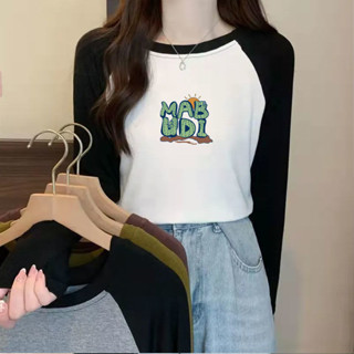 胖胖美依 上衣 長袖t卹 印花上衣 發熱衣 保暖 s-xl新款德絨插肩袖上衣女ins潮印花內搭打底衫-2494.