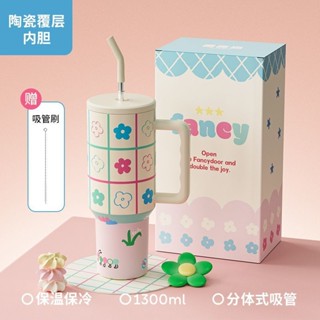 [現貨超值]冰霸杯 車載杯 島裡噸噸冰霸杯陶瓷內膽保溫杯女生高顔值咖啡杯巨無霸隨行吸管杯
