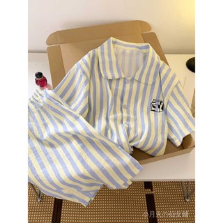 【小月仙】🌹店長推薦🌹簡約條紋牛奶睡衣女夏季新款短袖短褲日係可愛學生傢居服套裝外穿