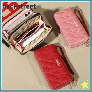 BACKSTREET長款錢包,純色款PU皮革雙拉鍊手拿包,優質的帶腕帶多功能零錢包旅行