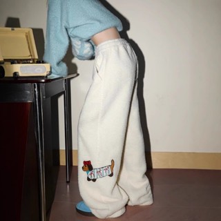 臺灣出貨 刺繡闊腿褲 臘腸狗刺繡搖粒絨褲子 男女冬季加厚棉褲 東北防寒裝備小個子闊腿褲 韓版闊腿褲 顯腿長褲子 休閒褲