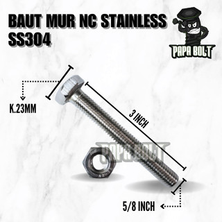 304 不銹鋼六角螺母螺栓 5/8 x 3 鍵 23 螺紋粗 UNC 英寸